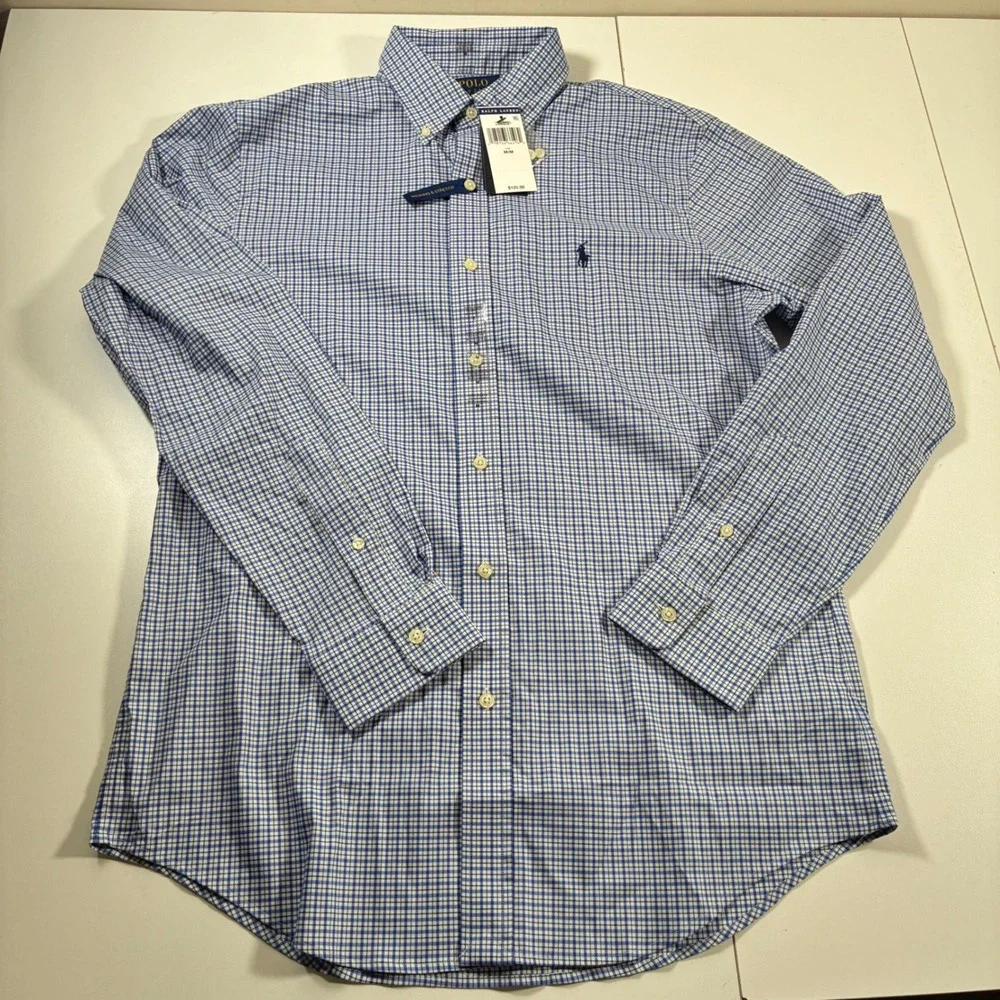 NEW Polo Ralph Lauren Performance Button Down Shirt Medium Blue Gingham Stretch